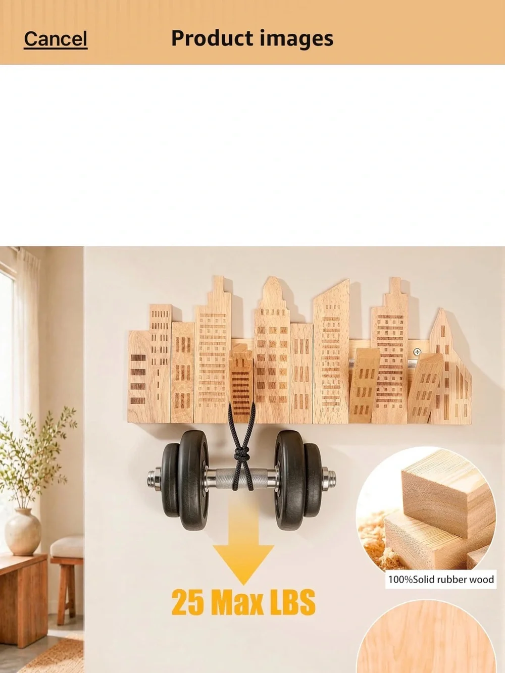 Wooden Cityscape Wall Hook Rack in Natural Wood